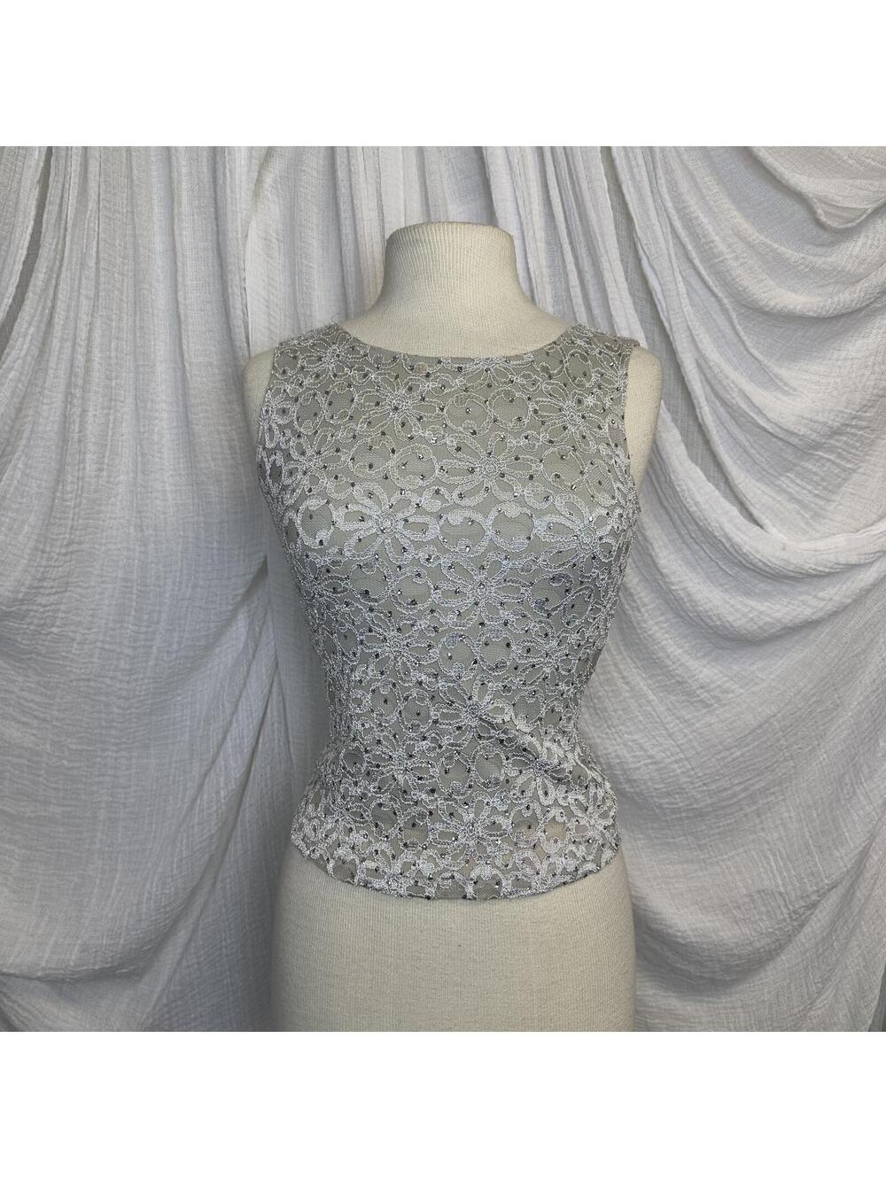 Y2K Petite Silver Floral Lace Gemmed Sleeveless Top